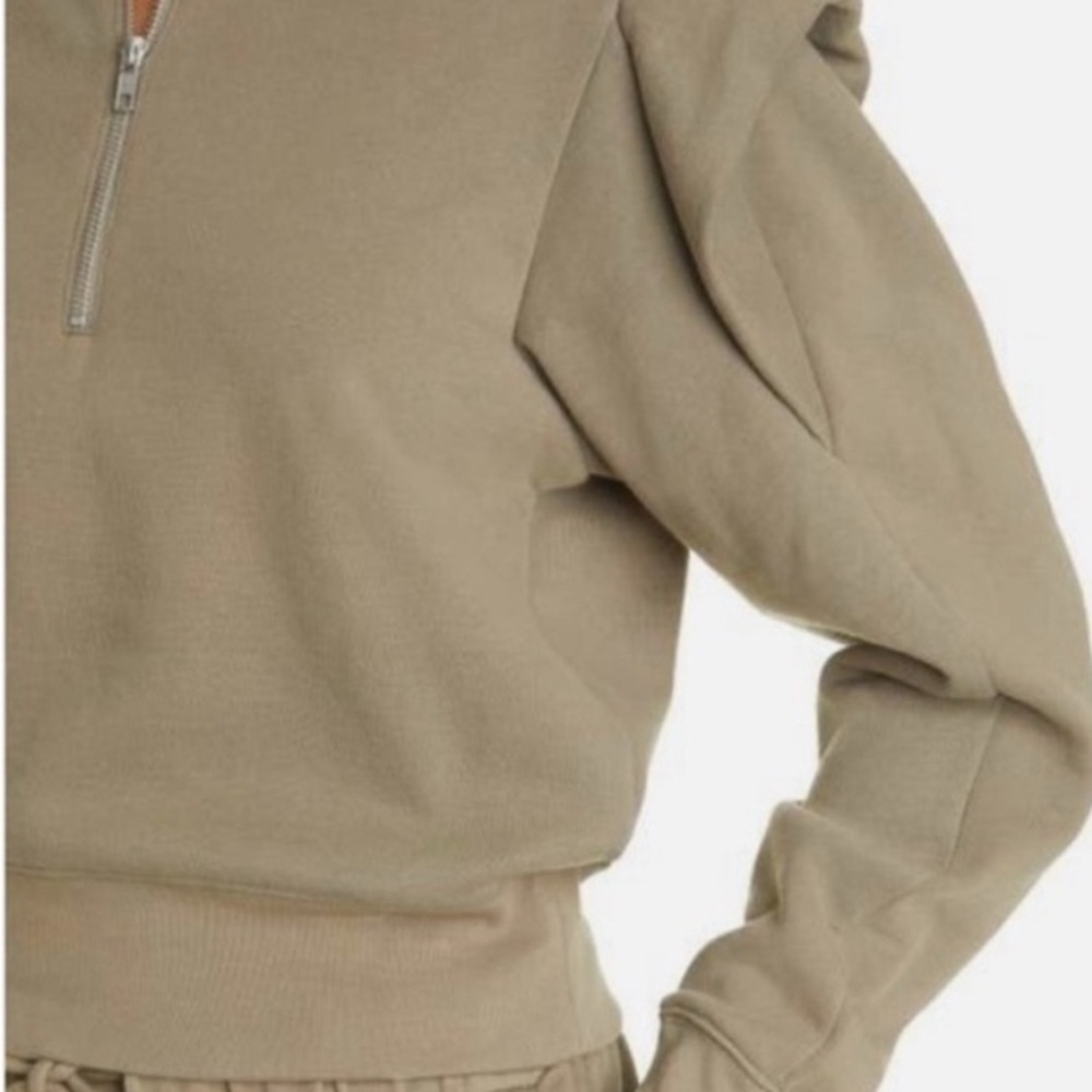 FRAME Sporty Half Zip Ruffle Shoulder Detail Sweatshirt Military Green S EUC - Picture 5 of 14